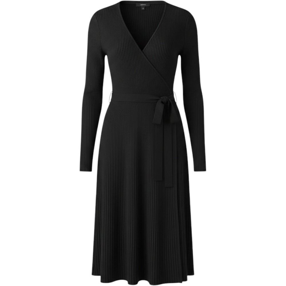 Luxe Long Sleeve Pleated Skirt Dress Womens Large Black Sweater Surplice Knit